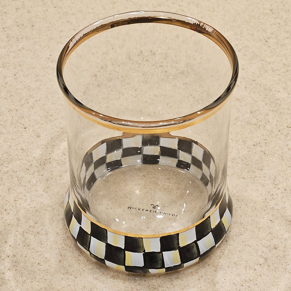 RARE MACKENZIE CHILDS BLACK COURTLY CHECK DOF WHISKEY BAR DRINKING GLASS TUMBLER